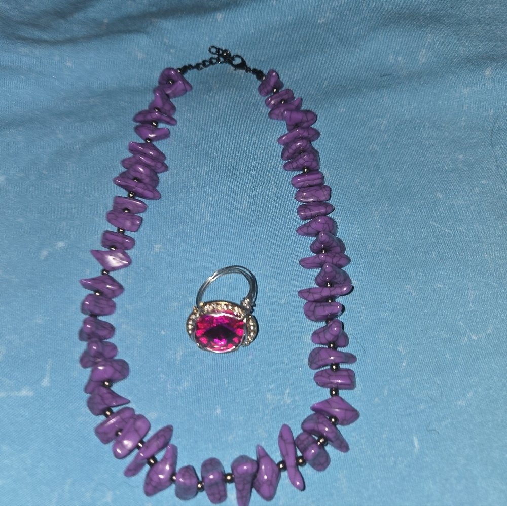 Purple Chip Bead Necklace with Fuchsia Stone Ring - Unbranded